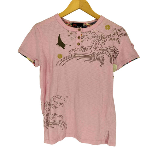 紅 BINS 和柄 両面プリントヘンリーネックTシャツ レディース M