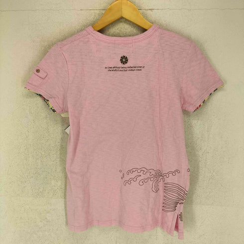紅 BINS 和柄 両面プリントヘンリーネックTシャツ レディース M