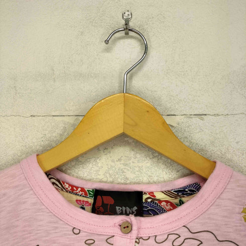紅 BINS 和柄 両面プリントヘンリーネックTシャツ レディース M
