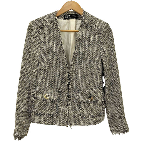 ザラ ZARA ノーカラー フリンジ ツイード ジャケット レディース import:XS
