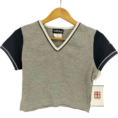 アディダスオリジナルス adidas Originals 80-90S トレフォイルロゴ刺繍 クロップド S/S Vネック Tシャツ ピチT レディース JPN:M
