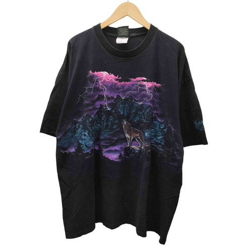 90s HABITAT アニマルT 巻きプリント 両面プリント オオカミ 狼 ウルフ サンダー 雷 SAM’S TOWN ブラック メンズ import:XL