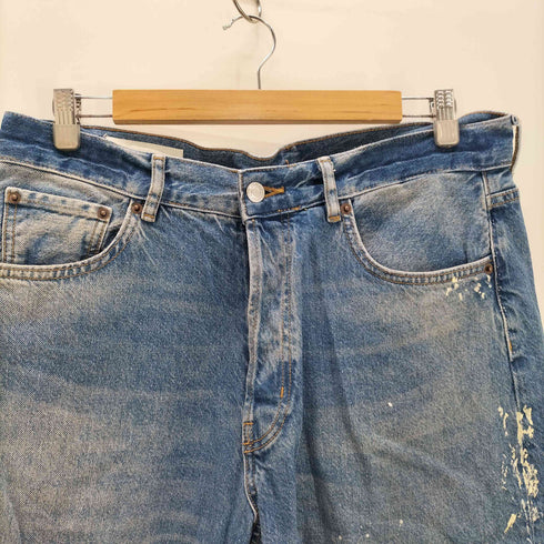 ザラ ZARA ワイドデニム バギー ペンキ加工 ボタンフライ インディゴ デニムパンツ メンズ US:34-35