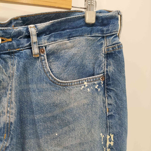 ザラ ZARA ワイドデニム バギー ペンキ加工 ボタンフライ インディゴ デニムパンツ メンズ US:34-35