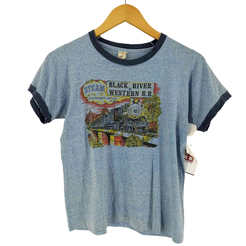 スクリーンスターズ SCREEN STARS 80sUSA製 裾シングル フロントプリントリンガーTシャツ レディース 14-16