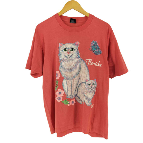 スクリーンスターズ SCREEN STARS USA製 90S 袖裾シングル キャットプリントTシャツ レディース JPN:XL