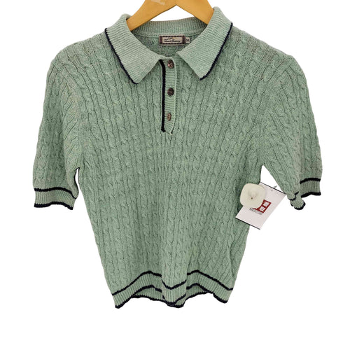 トーマスバーバリー Thomas Burberry シルク シグネチャー貝ボタン ラインデザイン 半袖ニットポロ レディース import:M