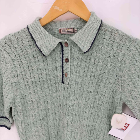 トーマスバーバリー Thomas Burberry シルク シグネチャー貝ボタン ラインデザイン 半袖ニットポロ レディース import:M