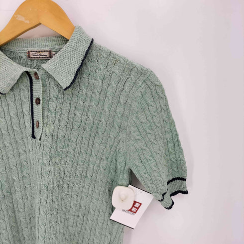トーマスバーバリー Thomas Burberry シルク シグネチャー貝ボタン ラインデザイン 半袖ニットポロ レディース import:M