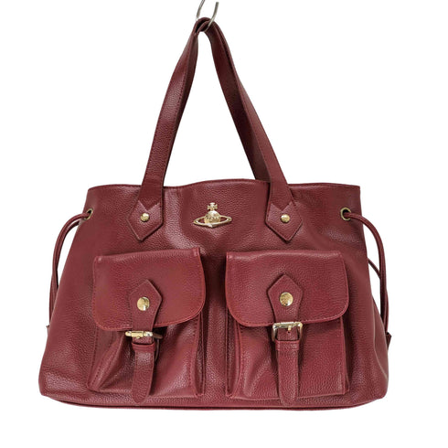 ヴィヴィアンウエストウッドロンドン Vivienne Westwood LONDON GENUINE LEATHER イタリア製 オーブロゴ シボ革 レザートートバッグ バーガンディ レディース