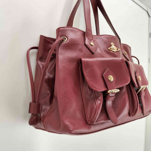 ヴィヴィアンウエストウッドロンドン Vivienne Westwood LONDON GENUINE LEATHER イタリア製 オーブロゴ シボ革 レザートートバッグ バーガンディ レディース