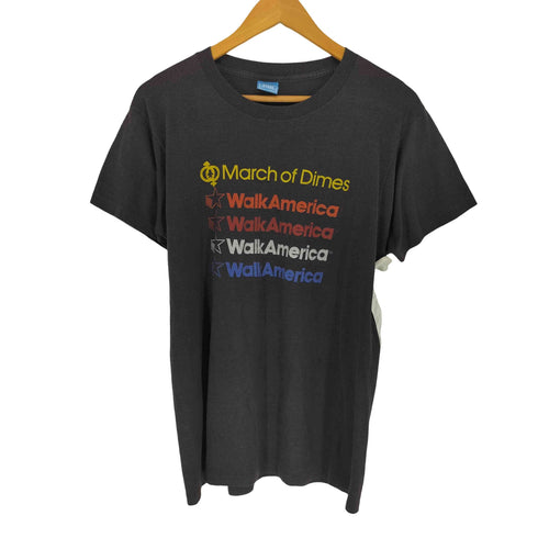 スクリーンスターズ SCREEN STARS 80s 青タグ初期 袖裾シングル USA製 March of Dimes フロントプリントクルーネックTシャツ メンズ L