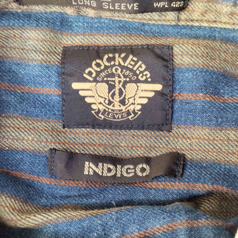 ドッカーズ DOCKERS 90S INDIGO ボーダー L/S バンドカラー ネル シャツ メンズ import:L