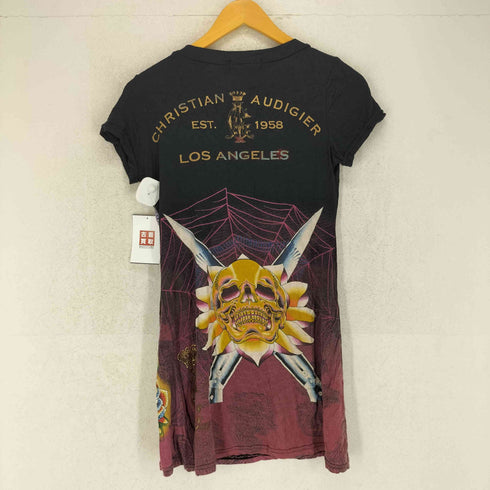 CHRISTIAN AUDIGIER スカル 蛇 ビジュー装飾 VネックTシャツ Y2K レディース L
