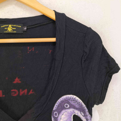 CHRISTIAN AUDIGIER スカル 蛇 ビジュー装飾 VネックTシャツ Y2K レディース L