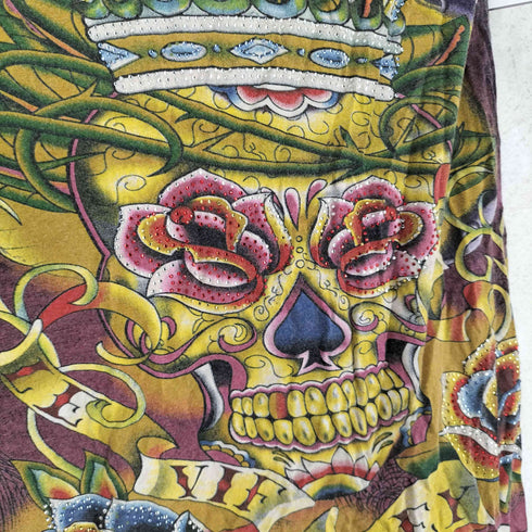 CHRISTIAN AUDIGIER スカル 蛇 ビジュー装飾 VネックTシャツ Y2K レディース L