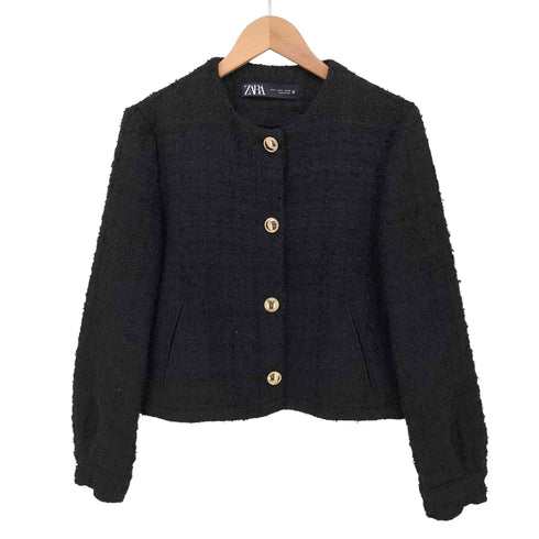 ザラ ZARA ゴールドボタン ノーカラー クロップド ツイードジャケット レディース import:M