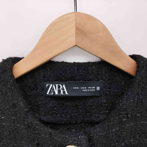 ザラ ZARA ゴールドボタン ノーカラー クロップド ツイードジャケット レディース import:M