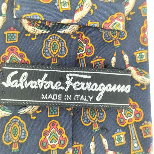 サルヴァトーレフェラガモ Salvatore Ferragamo イタリア製 総柄 鴨 カモ シルク ネクタイ メンズ