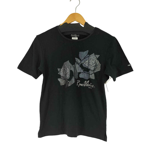 ROMEO VALENTINO ラメ 薔薇プリント ラインストーン ロゴ刺繍 S/S Tシャツ レディース import:M
