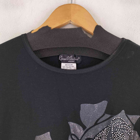 ROMEO VALENTINO ラメ 薔薇プリント ラインストーン ロゴ刺繍 S/S Tシャツ レディース import:M