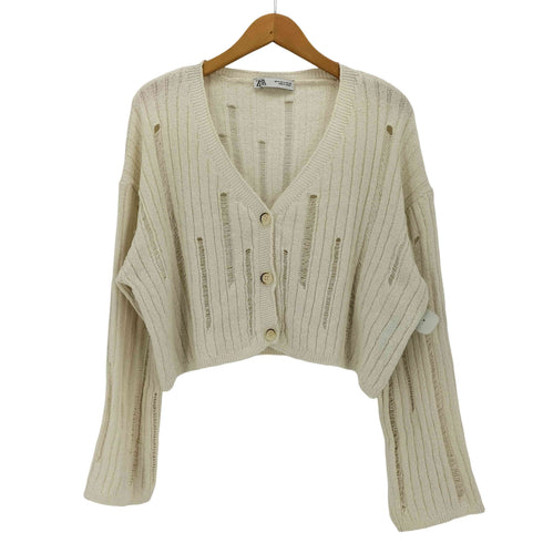 ザラ ZARA ダメージ加工 クロップド カーディガン レディース import:M