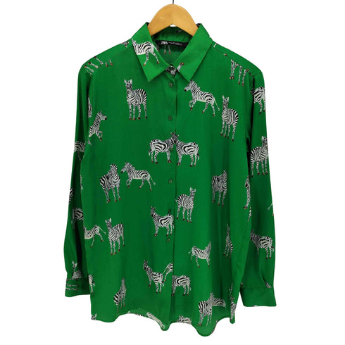 ザラ ZARA シマウマ アニマルプリント サテン 長袖 シャツ レディース import:M