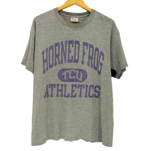 チャンピオン Champion 90-00s USA製 フットボールプリント 3段 クルーネック 半袖Tシャツ メンズ import:L