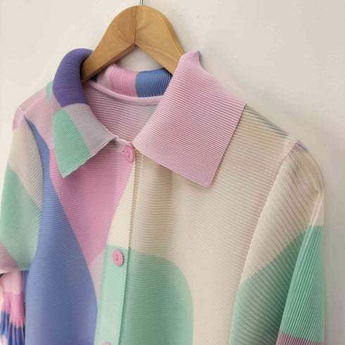 ロンダ LONDA マルチカラー フレアスリーブ プリーツ シャツ ワンピース レディース