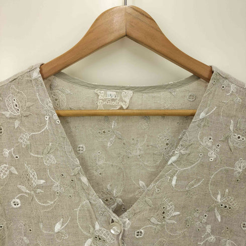 Lully x Cositamo イタリア製 フラワー刺繍デザイン リネン ピンタックブラウス レディース import:L