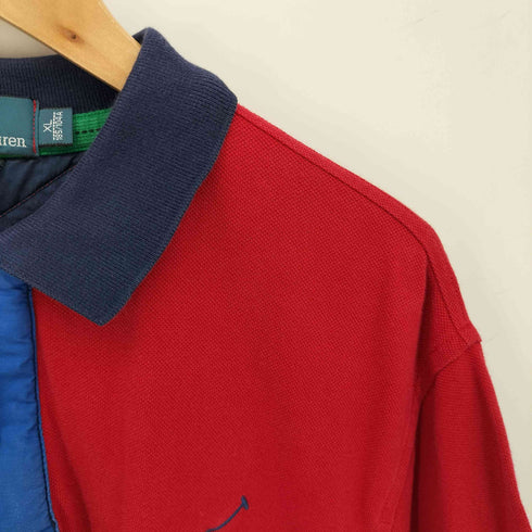 ポロバイラルフローレン Polo by RALPH LAUREN CUSTOM FIT ビッグポニー刺繍 星条旗 ナンバリング 67 前立て 切替 比翼 ロケットTALONジップ スナップボタン 半袖 ラガーシャツ メンズ import:XL