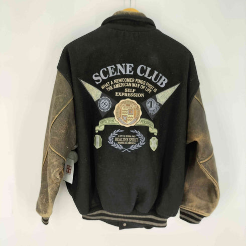 90s SCENE社製 SCOVILLボタン 刺繍ロゴワッペン レザー切替 スタジャン バーシティジャケット メンズ import:L