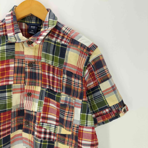 ギャップ Gap 00S 02SS 紺タグ OLD S/S パッチワーク マドラスチェック S/S シャツ 短丈 ボックス レディース 160