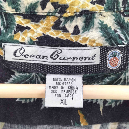 Qcean Gurrent 90-00S OLD レーヨン 100% ヤシの木 フラワー パイナップル 総柄 S/S 開襟 オープンカラー アロハ シャツ メンズ import:XL