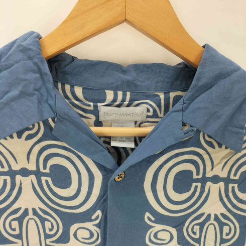 North West Blue 90-00S OLD レーヨン 100% 総柄 幾何学模様 S/S 開襟 オープンカラー シャツ メンズ import:L