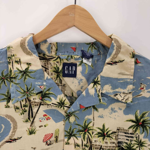 ギャップ Gap 00S 00SS 紺タグ OLD ヤシの木 サーフ 総柄 S/S 開襟 オープンカラー アロハ シャツ メンズ import:XL