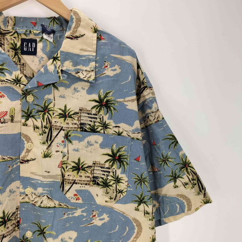 ギャップ Gap 00S 00SS 紺タグ OLD ヤシの木 サーフ 総柄 S/S 開襟 オープンカラー アロハ シャツ メンズ import:XL