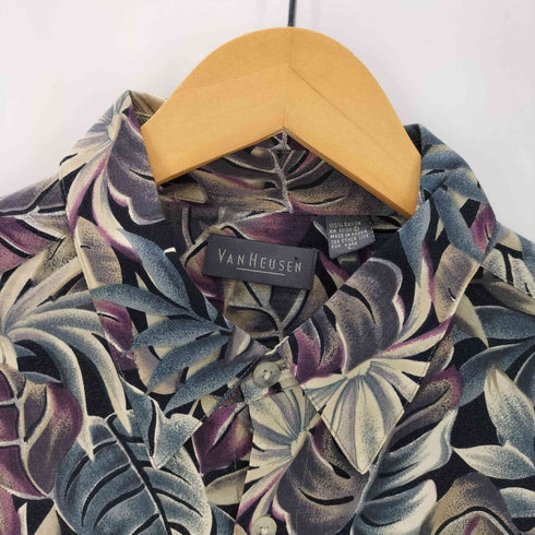 ヴァンヒューゼン VAN HEUSEN 90-00S OLD レーヨン 100% 総柄 葉 リーフ S/S シャツ メンズ import:L