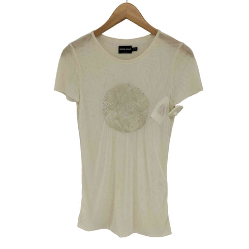 ジョルジオアルマーニ Giorgio Armani メッシュ ラインストーン 花刺繍 半袖 Tシャツ レディース US:6