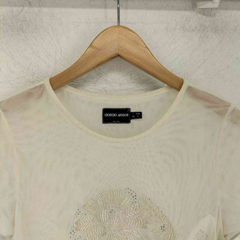 ジョルジオアルマーニ Giorgio Armani メッシュ ラインストーン 花刺繍 半袖 Tシャツ レディース US:6