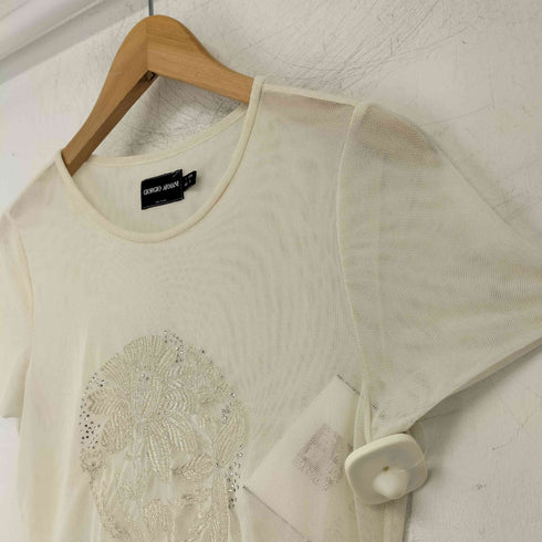 ジョルジオアルマーニ Giorgio Armani メッシュ ラインストーン 花刺繍 半袖 Tシャツ レディース US:6