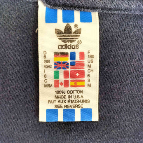 アディダス adidas 80-90S USA製 万国旗タグ ロゴ 刺繍 クルーネック S/S Tシャツ 袖裾シングル メンズ import:M