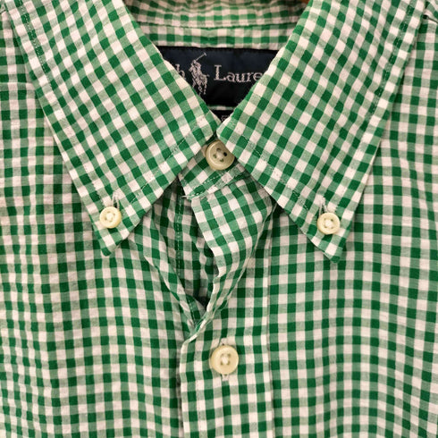ラルフローレン RALPH LAUREN 90s CUSTOM FIT ポニー刺繍 シアサッカー ギンガムチェック ボタンダウン S/S シャツ メンズ import:M