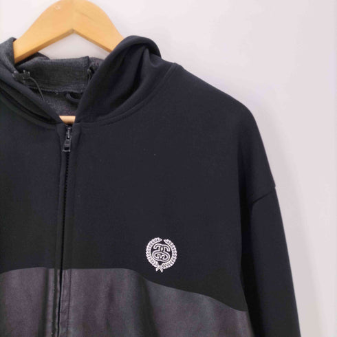 ステューシー Stussy 90S 紺タグ OLD SSリンク エンブレム パネル スイッチング スポーツ ブラック ジップ フーディー パーカー メンズ import:L