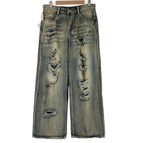 クラッシュ加工 ワイド デニムパンツ レディース JPN:M