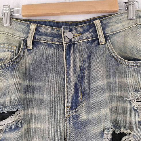 クラッシュ加工 ワイド デニムパンツ レディース JPN:M