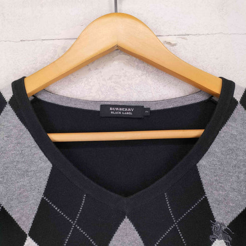 バーバリーブラックレーベル BURBERRY BLACK LABEL アーガイル Vネック ニット ホースロゴ刺しゅう メンズ JPN:2