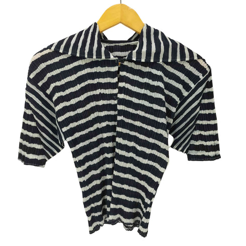 プリーツプリーズイッセイミヤケ PLEATS PLEASE ISSEY MIYAKE 90S 99SS 銀タグ プリーツ セーラーカラー バイアス ボーダー S/S トップス レディース JPN:3