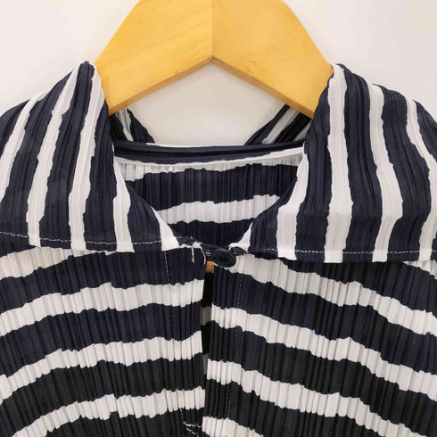 プリーツプリーズイッセイミヤケ PLEATS PLEASE ISSEY MIYAKE 90S 99SS 銀タグ プリーツ セーラーカラー バイアス ボーダー S/S トップス レディース JPN:3