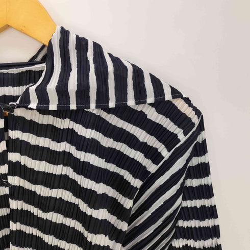 プリーツプリーズイッセイミヤケ PLEATS PLEASE ISSEY MIYAKE 90S 99SS 銀タグ プリーツ セーラーカラー バイアス ボーダー S/S トップス レディース JPN:3